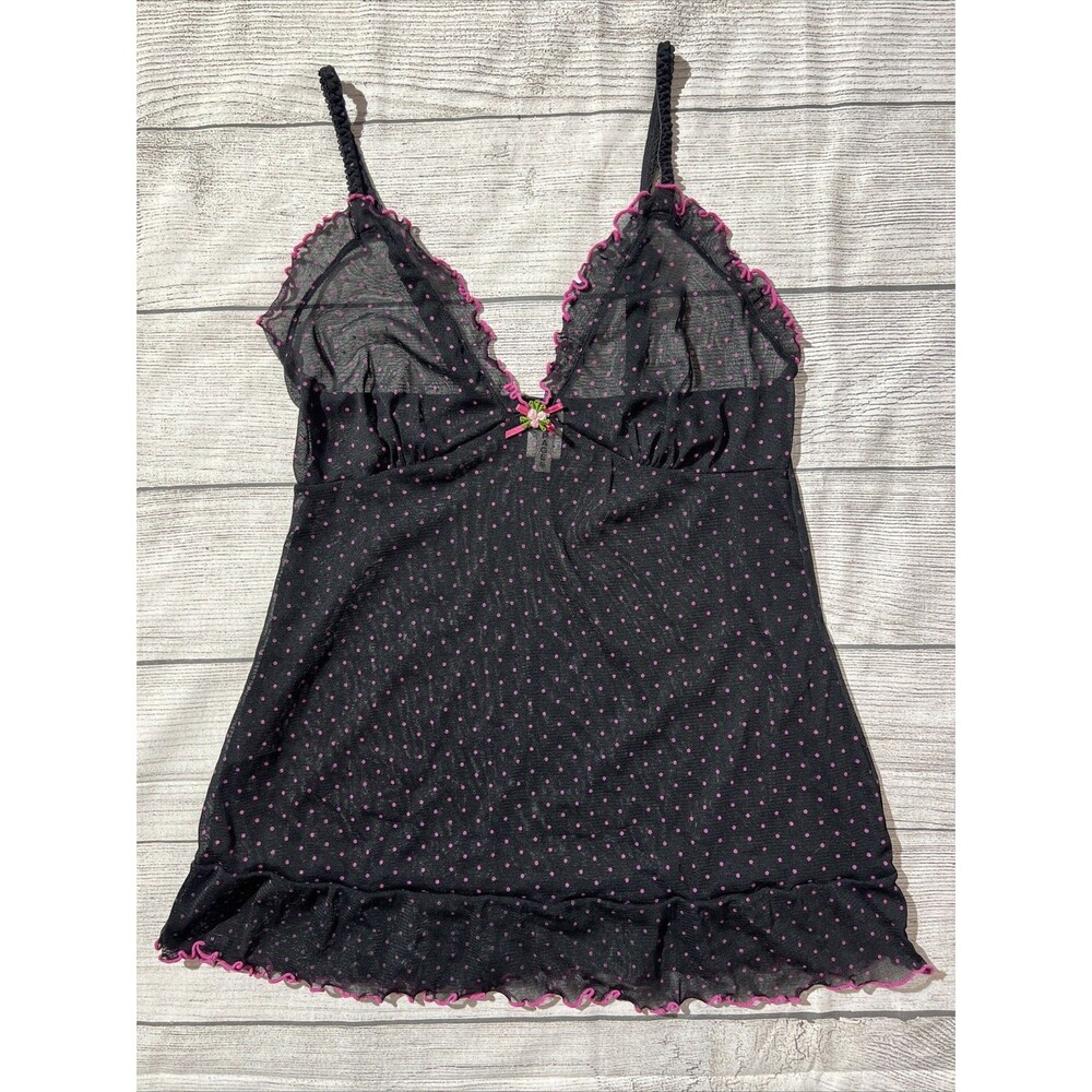 Rampage Babydoll Cami Top Black Y2K Lace Sheer Mesh Pink Fairy Coquette Sz L